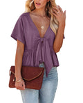 Fanway&EC Women's Short Sleeve V Neck Blouses Ruffle Hem Tie Front Crop Tops Lightweight Basic Summer Tops (Purple,Medium,
