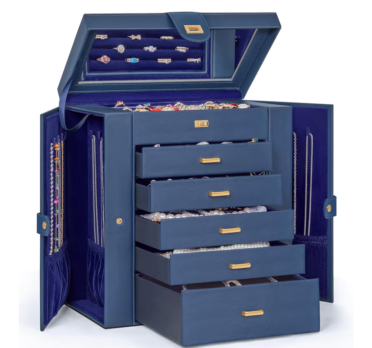 AKOZLIN Large Jewelry Box Organizer Functional Lockable With Big Mirror, Leather Jewelry Storage Case For Women Girls Ring Necklace Earring Bracelet Holder Organizer Blue