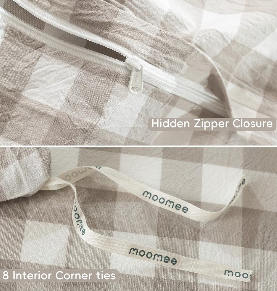 MooMee Gingham Duvet Cover Set 100% Washed Cotton Linen Like Textured Breathable Durable Soft Comfy Modern Checkered Design (Buffalo Plaid Tannish Linen Grey, Queen 90"x90")