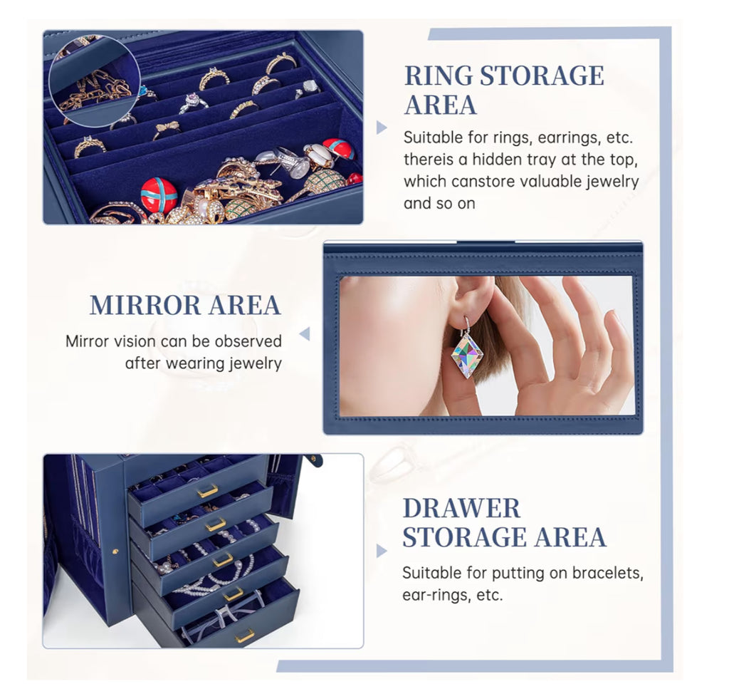 AKOZLIN Large Jewelry Box Organizer Functional Lockable With Big Mirror, Leather Jewelry Storage Case For Women Girls Ring Necklace Earring Bracelet Holder Organizer Blue