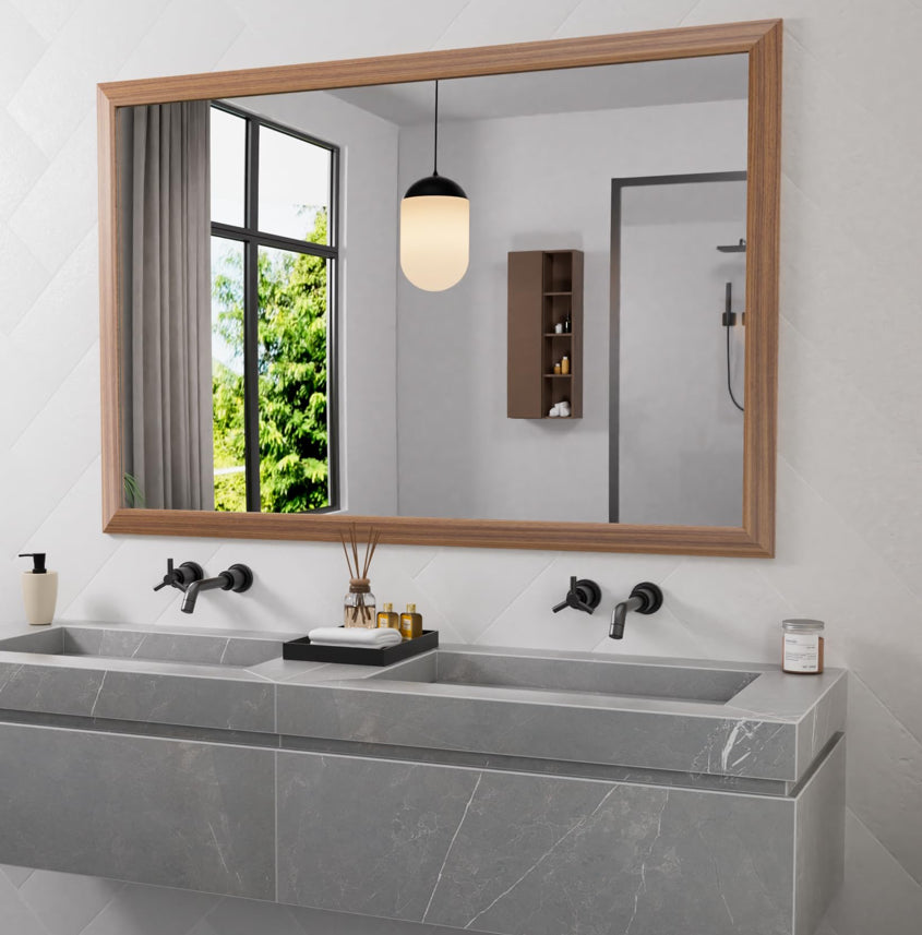 Amorho Bathroom Mirror For Wall, 60X40 Inch Walnut Wood Grain Metal Framed Mirror, HD Reflection, Hang Horizontally/Vertically, Suitable For Bedroom, Farmhouse, Bathroom, Porch