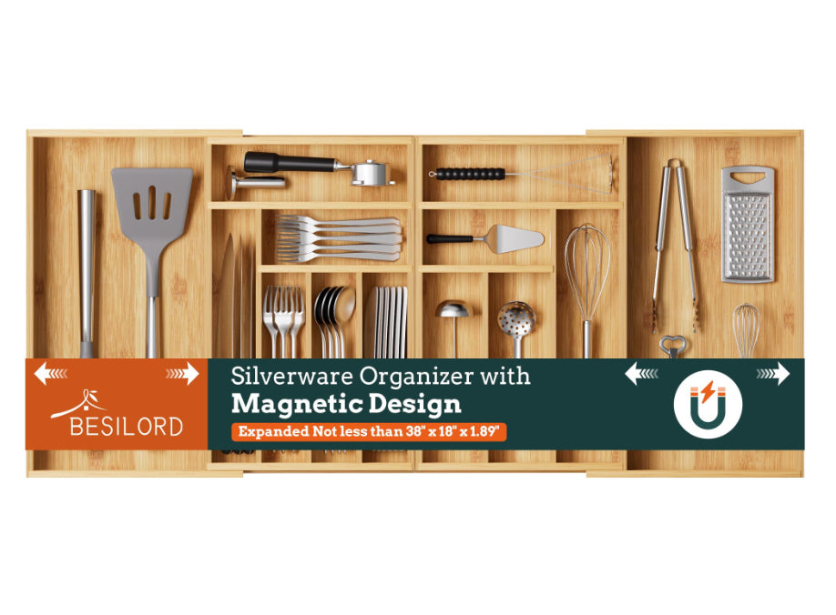 Silverware Organizer Large, Magnetic Connected Expandable 13 Slots Silverware Drawer Organizer From 21 To 37.4 Inches, Adjustable Flatware And Cutlery Holder, Bamboo Utensil Tray For Kitchen Natural