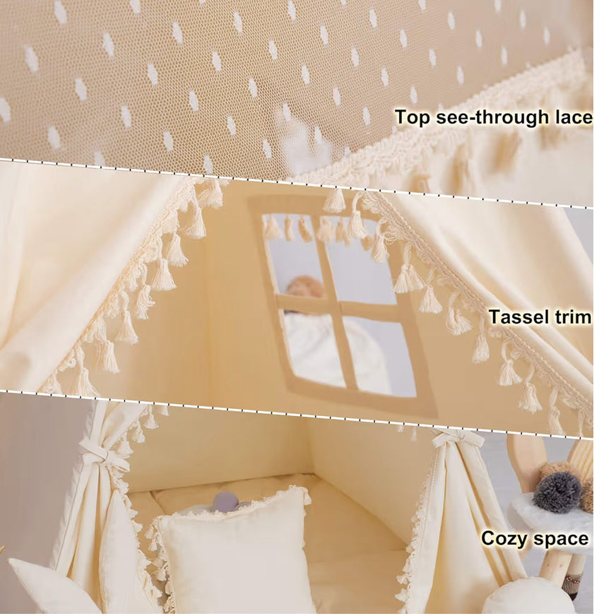 TreeBud Kids Teepee Tent With Padded Mat, Banner, Fairy Lights, Yarn Ball, Carry Bag, Beige Cotton Canvas Play Tent For Child With Tassels Lace, Play House Tipi For Kids Room Decor