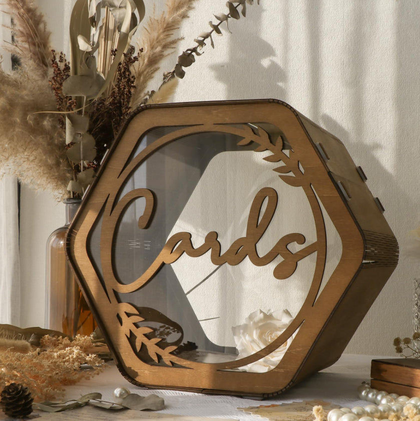 OurWarm Wedding Card Box With Acrylic Window, Rustic Brown Hexagon Gift Card Box For Wedding Decorations For Reception, Wooden Money Keepsake Envelopes Box For Wedding Decor Birthday Baby Shower Party