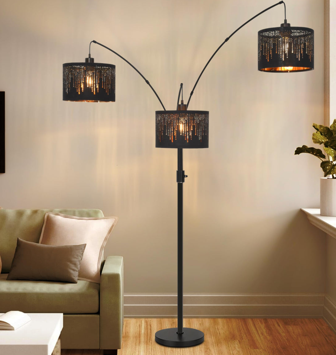 Dimmable Floor Lamp-3 Lights Arc Floor Lamps For Living Room,Modern Tall Standing Lamp With Black Drum Crystal Design Shades,Gothic Mid Century Tree Floor Lamp For Bedroom Corner,Bulbs Included