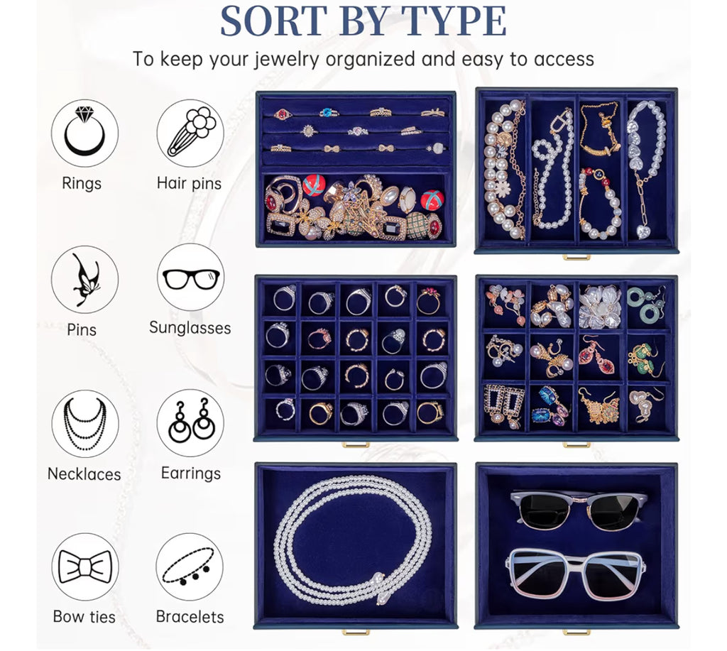 AKOZLIN Large Jewelry Box Organizer Functional Lockable With Big Mirror, Leather Jewelry Storage Case For Women Girls Ring Necklace Earring Bracelet Holder Organizer Blue