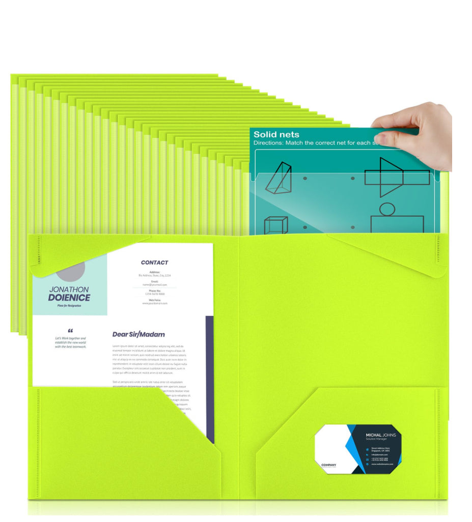 Henoyso 100 Pcs Plastic Folders With Clear Front Pockets Bulk Heavy Duty File Folders With 2 Pockets And Card Slot For Student Teacher Back To School Supplies Office Presentation (Fluorescent Green)