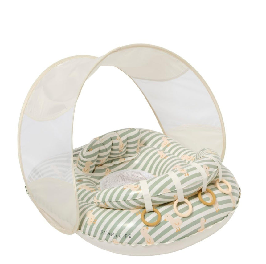 SUNNYLiFE Baby Float With Canopy — UPF40 Infant Pool Float For 6-12 Months, Adjustable Fabric Seat, 4 Silicone Play Rings | Dex The Duck Green
