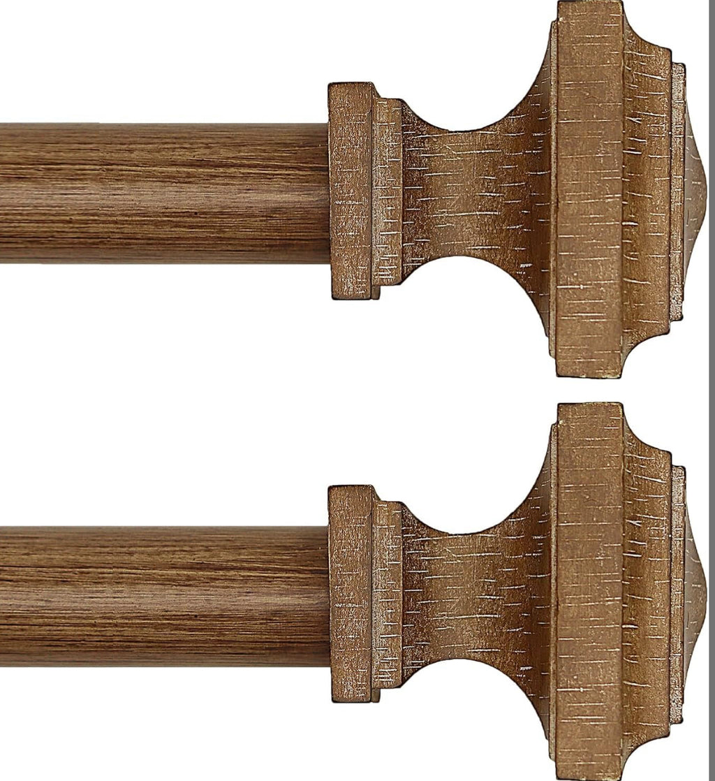 Wooden Curtain Rods For Windows 48-84 Inches Curtain Rod Diameter 1 Inch, Wood Decorative Treatment Single Window Curtain Rods - Square Imitation Wood Grain Finial 2 Pack