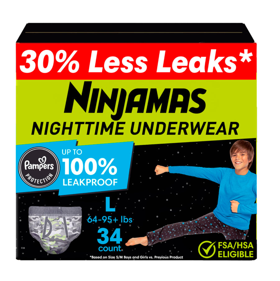 Ninjamas Boys Bedwetting Nighttime Underwear, Size L (64-95+ Lbs), 34 Count, Overnight Protection, Ultra Absorbent, Hypoallergenic