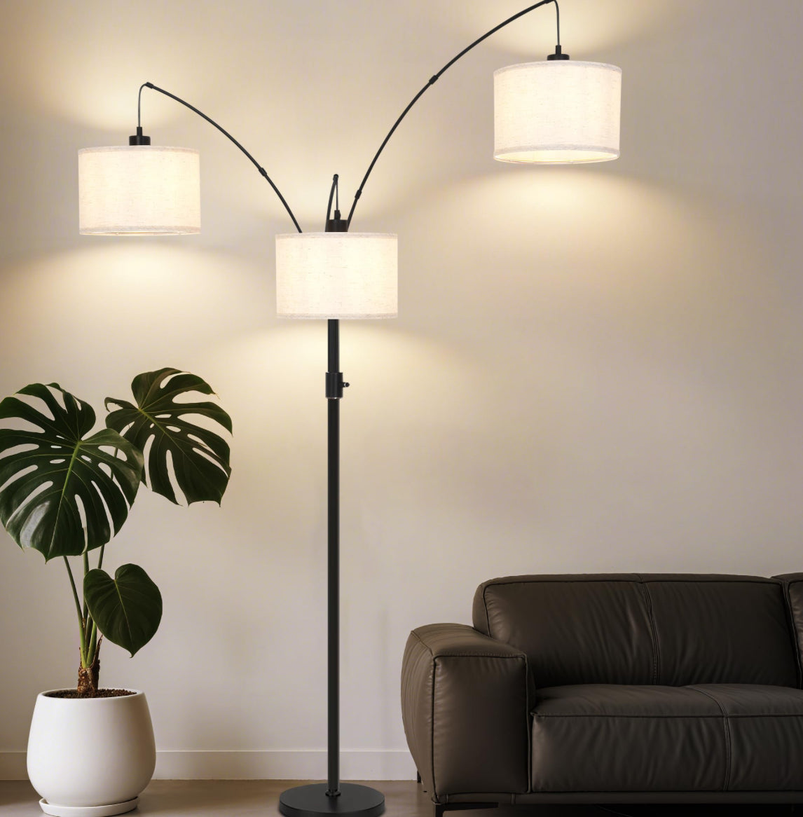 AHDWDW Dimmable Arc Floor Lamp-3 Lights Floor Lamps For Living Room,Modern Tall Standing Lamp With Beige Drum Shades&Heavy Base,Mid Century Tree Floor Lamp For Bedroom Corner Office,Bulbs Included
