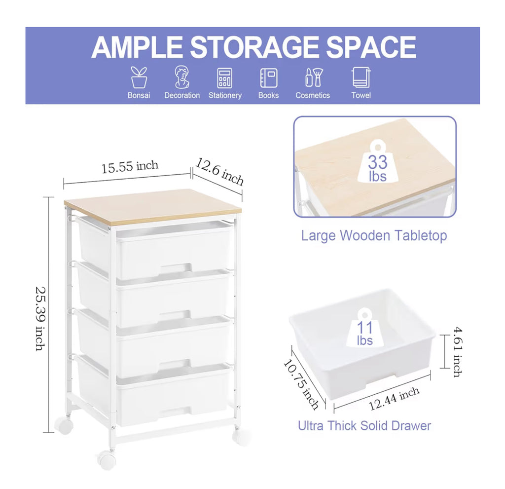 SYKIARIOL Utility Cart With 4 Drawers, Multipurpose Rolling Storage Cart With 4 Drawers And 2 Lockable Wheels, 4-Tier Rolling Storage Cart Organizer For Home Office Dorm, Bright White