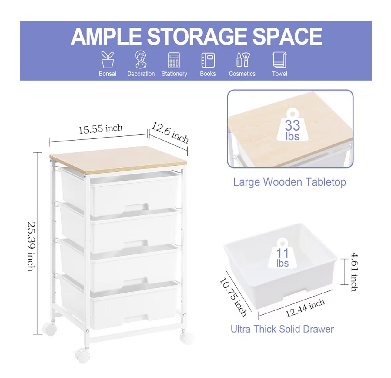 SYKIARIOL Utility Cart With 4 Drawers, Multipurpose Rolling Storage Cart With 4 Drawers And 2 Lockable Wheels, 4-Tier Rolling Storage Cart Organizer For Home Office Dorm, Bright White