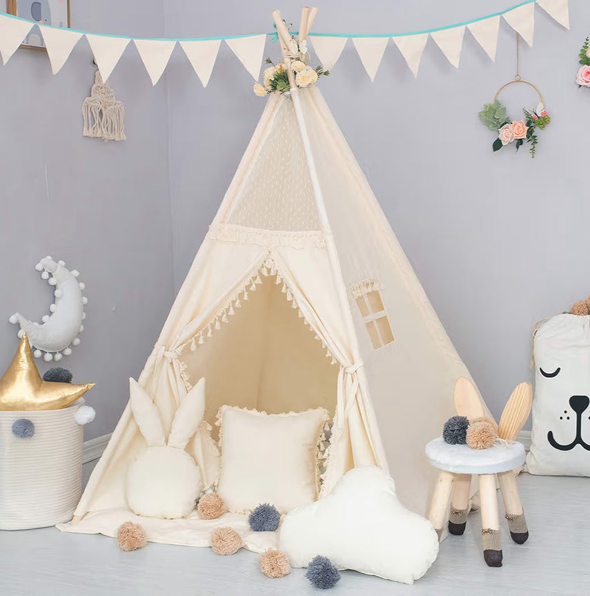 TreeBud Kids Teepee Tent With Padded Mat, Banner, Fairy Lights, Yarn Ball, Carry Bag, Beige Cotton Canvas Play Tent For Child With Tassels Lace, Play House Tipi For Kids Room Decor