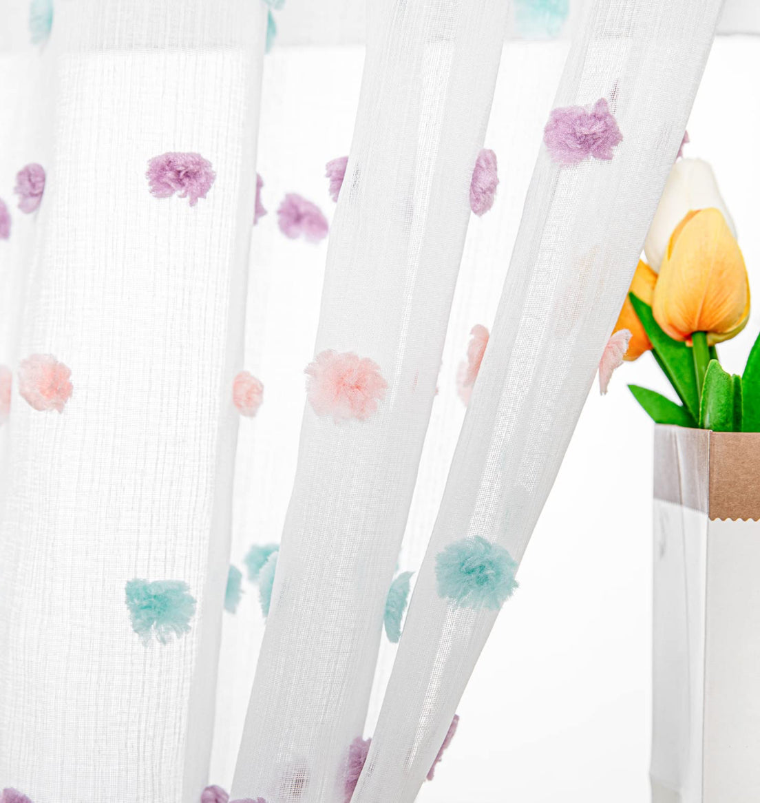 MYSKY HOME Rainbow Pom Pom Curtains For Living Room Light Filtering 90 Inch Long Bedroom Curtains For Nursery Girls Kids Room Rod Pocket Bohemian Voile Window Drapes 52 X 90 Inch 2 Panels