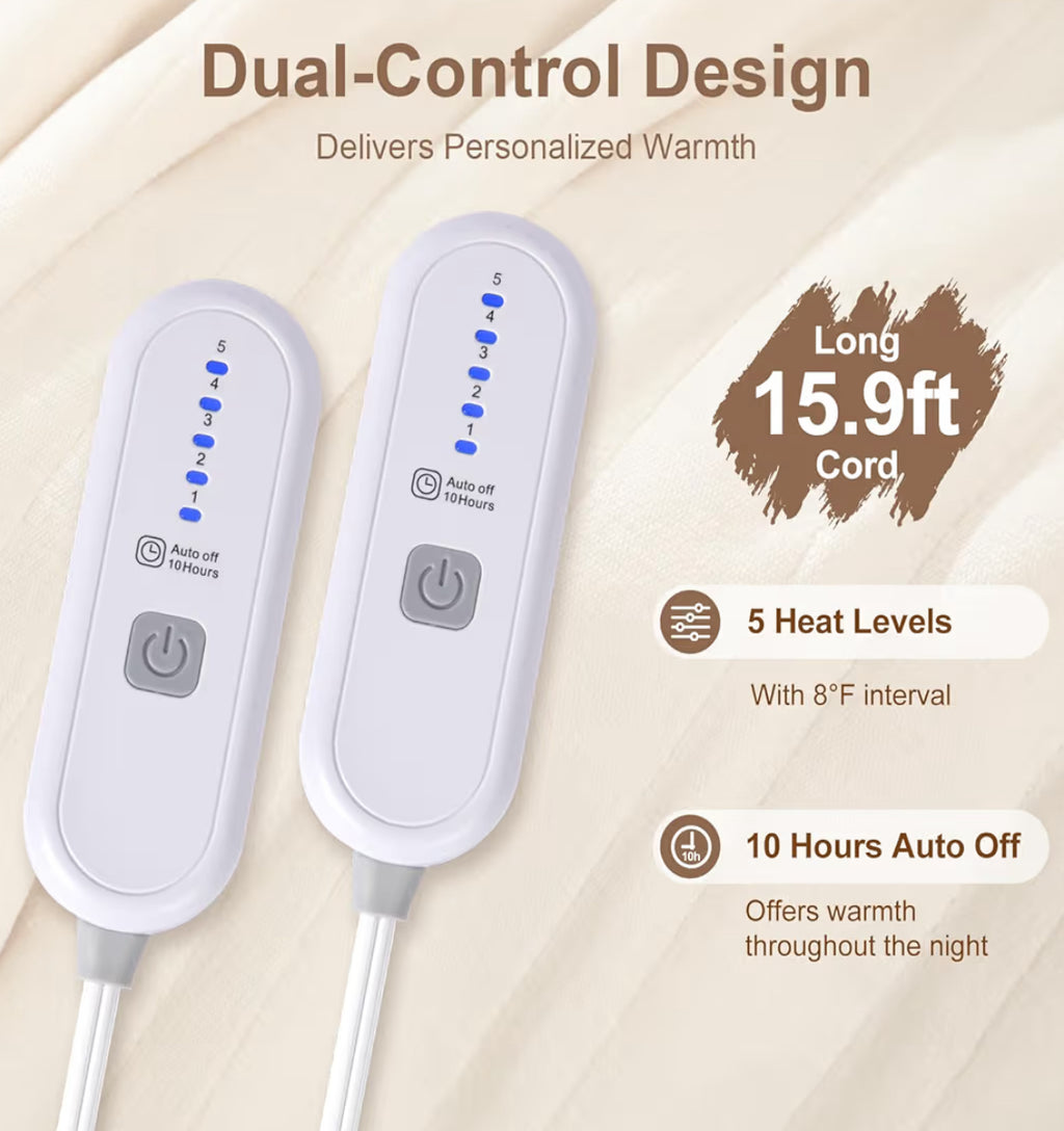 FVERWAG Electric Blanket King Size Dual Control - Heated Blanket With 5 Heat Settings, 10 Hours Auto Off, Overheat Protection, Washable Heating Blankets Gift For Mom 100" X 90", White