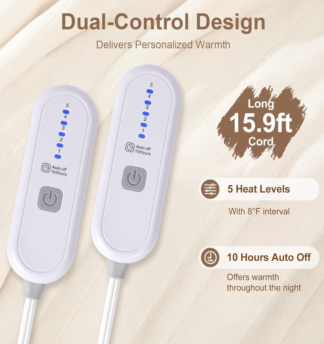 FVERWAG Electric Blanket King Size Dual Control - Heated Blanket With 5 Heat Settings, 10 Hours Auto Off, Overheat Protection, Washable Heating Blankets Gift For Mom 100" X 90", White