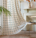 Deeprove Boho Curtains 84 Inches Long For Bedroom, Cotton Linen Plaids Turquoise Embroidery Semi Blackout Bohemian Farmhouse Window Treatment Grids Drape Tassels, 1 Panel W52 X L84 Beige