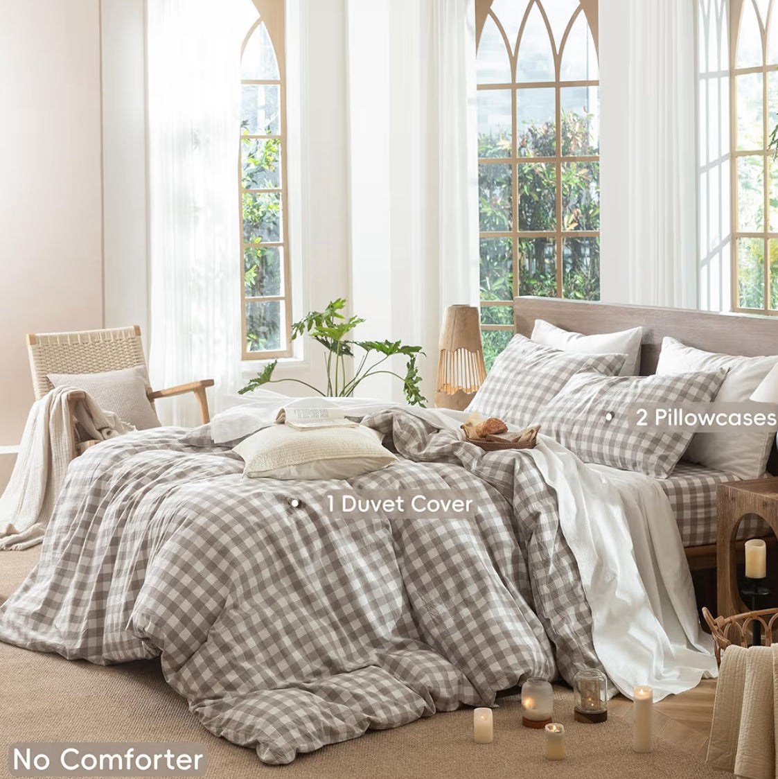 MooMee Gingham Duvet Cover Set 100% Washed Cotton Linen Like Textured Breathable Durable Soft Comfy Modern Checkered Design (Buffalo Plaid Tannish Linen Grey, Queen 90"x90")