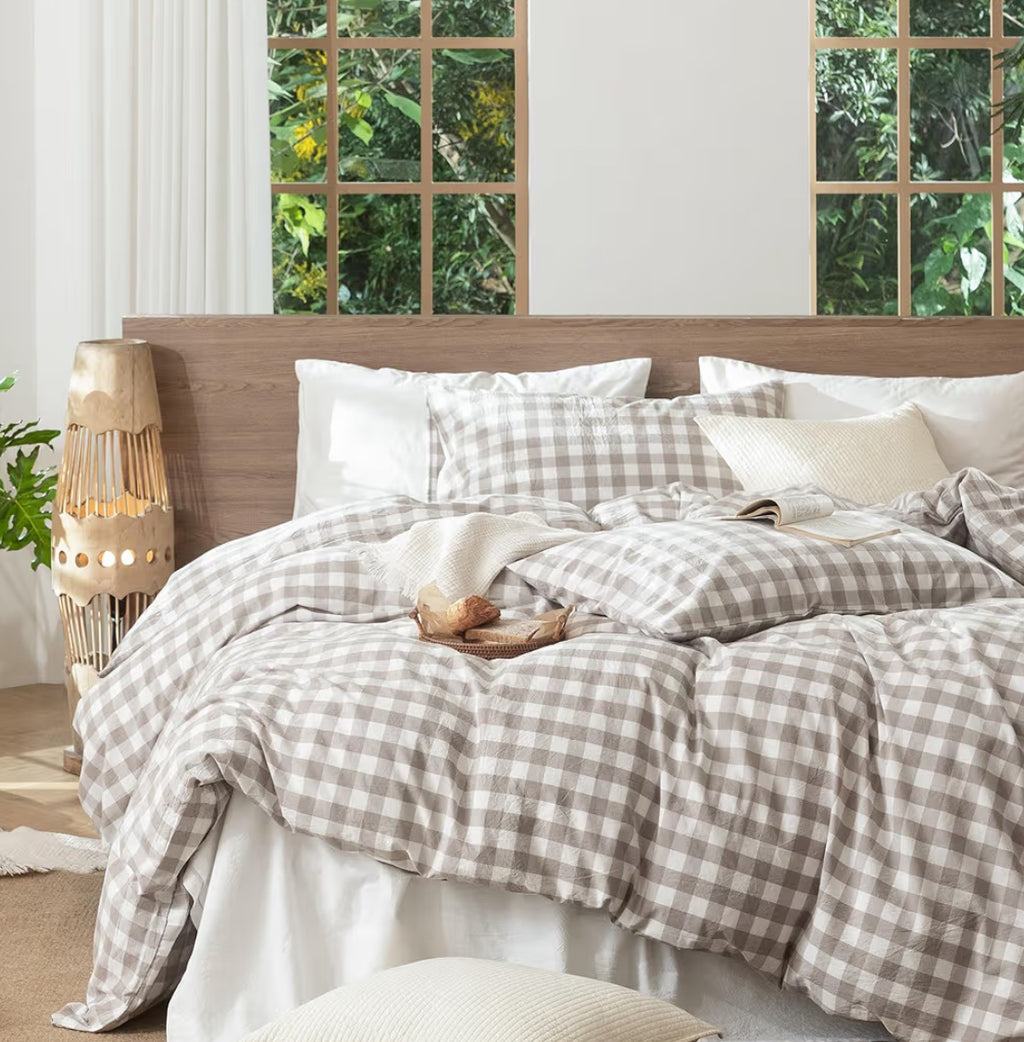 MooMee Gingham Duvet Cover Set 100% Washed Cotton Linen Like Textured Breathable Durable Soft Comfy Modern Checkered Design (Buffalo Plaid Tannish Linen Grey, Queen 90"x90")