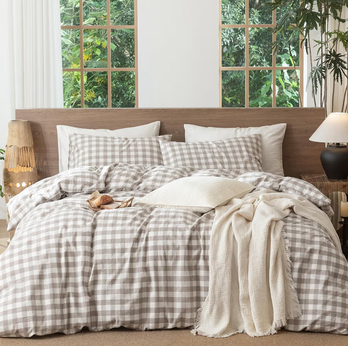 MooMee Gingham Duvet Cover Set 100% Washed Cotton Linen Like Textured Breathable Durable Soft Comfy Modern Checkered Design (Buffalo Plaid Tannish Linen Grey, Queen 90"x90")
