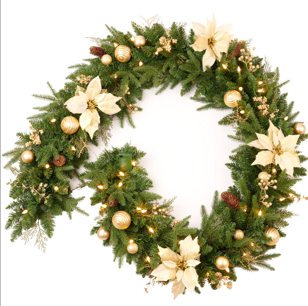 AMERZEST Pre-lit 9ft Christmas Garland with Gold Berries and Balls,Pine Cone,Golden Flower and 50 Battery Operated Soft White LED Lights with Timer,Artificial Holiday Decoration Door Outdoor