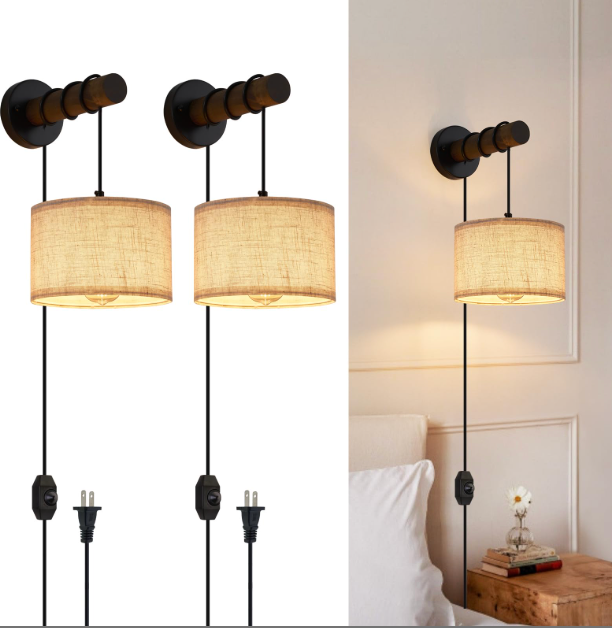 XSDeTu Plug in Wall Sconces Set of 2, Farmhouse Wall Lamp with 5.9FT Plug in Cord, Dimmable Hanging Wall Lighting with Fabric Shade, Adjustable Wall Mount Lights for Bedroom Living Room, Wooden Arm
