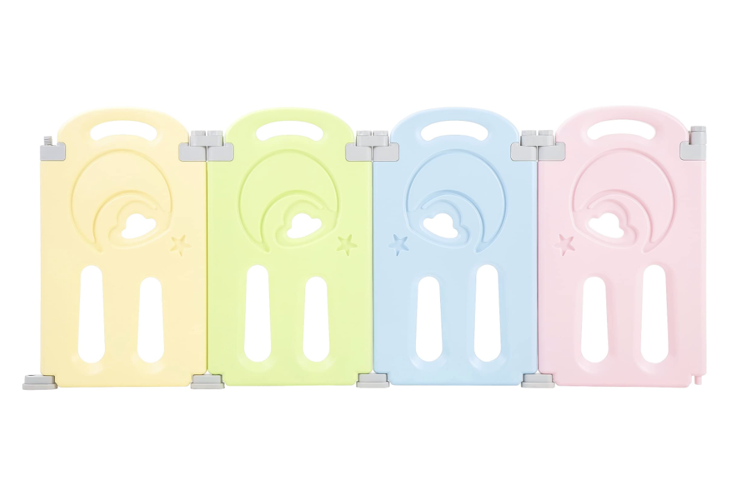 Fortella Cloud Castle Foldable Playpen, Baby Safety Play Yard with Whiteboard and Activity Wall, Indoors or Outdoors (Multicolor 4-Panel Extension)