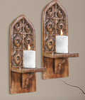 Burnt Natural Wall Mounted Candle Sconces (Set of 2) - Decorative Hand-Carved Wooden Candle Holders, Farmhouse Style, Perfect for Living Room, Bedroom & Kitchen Wall Décor - 16 Inch