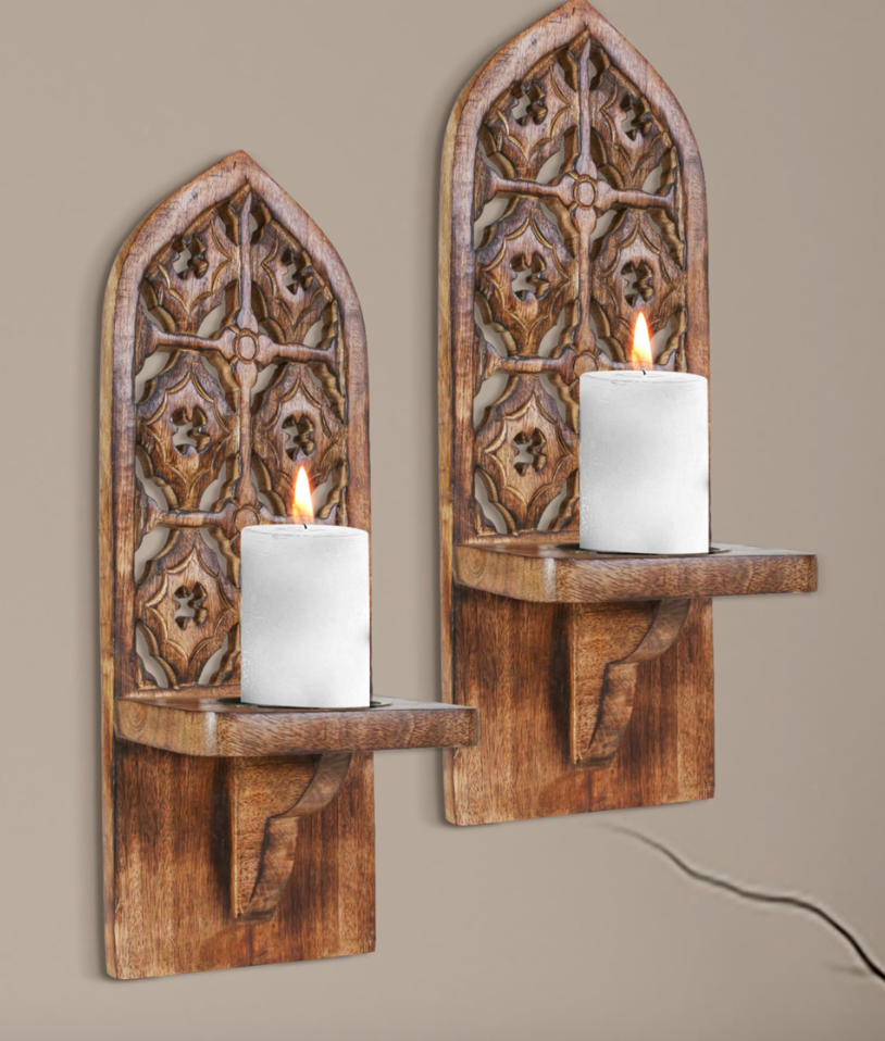 Burnt Natural Wall Mounted Candle Sconces (Set of 2) - Decorative Hand-Carved Wooden Candle Holders, Farmhouse Style, Perfect for Living Room, Bedroom & Kitchen Wall Décor - 16 Inch