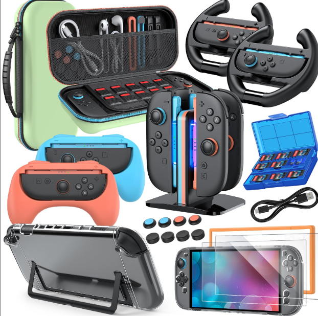 Switch 2 Accessories, Bundle Case for Nintendo Switch 2 (2025), MENEEA 20-IN-1 Kits: Carrying Case, Controller Charger Dock, Grips for Joy Con,Steering Wheels for Mario Kart,Protective Cover for Controller Console for Switch 2 (Green)
