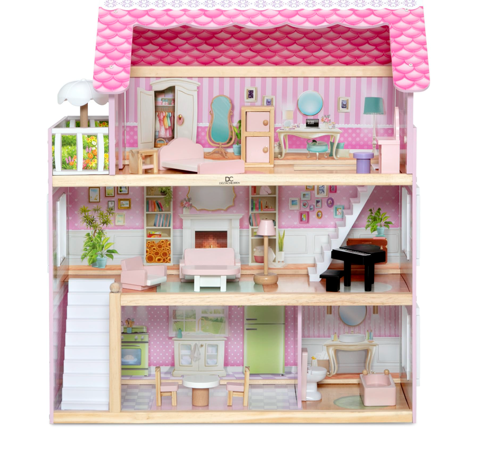 Delta Children Little Gem Dollhouse - 3-Story Dollhouse with 4 Rooms - Includes 16 Accessories - Fits 5-inch Dolls - Pretend Play Dream Gift for Ages 3+