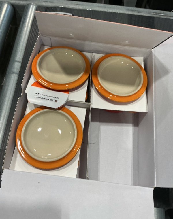 Le Creuset Stoneware Set of 4 Mini Cocottes with Cookbook, 8 oz. each, Flame