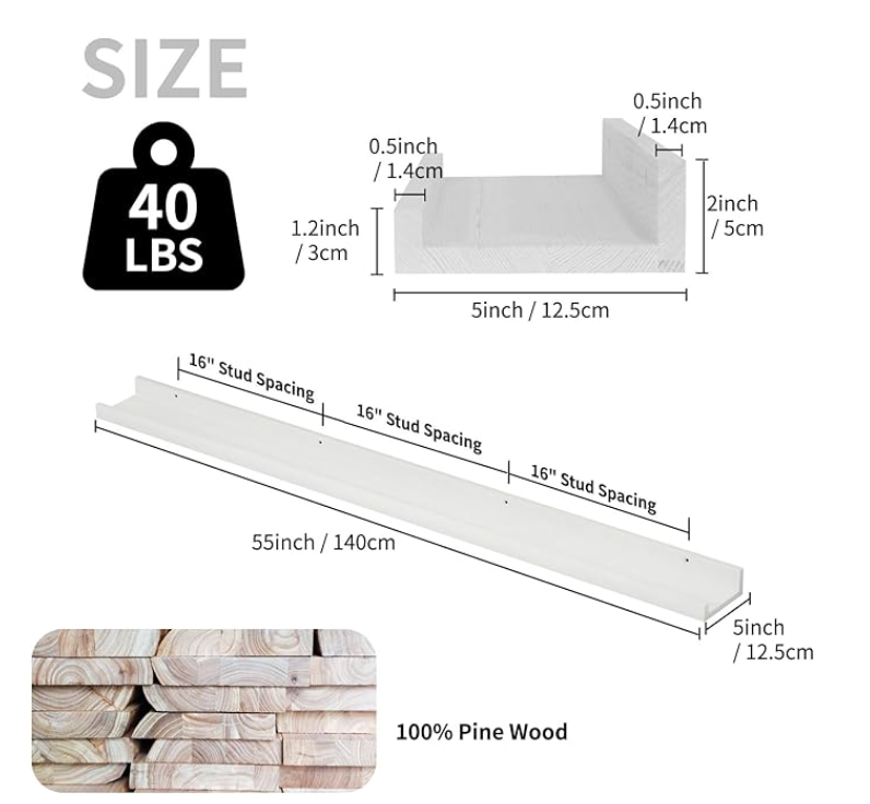 SAUMONIERES Picture Ledge Shelf Floating Book Shelves Set of 2 Wall Mounted Solid Wood for Bedroom Bathroom Living Room Kitchen, 55 Inch White
