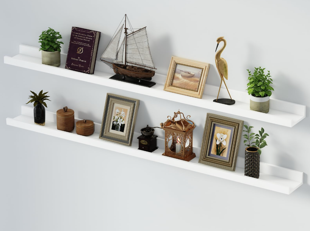 SAUMONIERES Picture Ledge Shelf Floating Book Shelves Set of 2 Wall Mounted Solid Wood for Bedroom Bathroom Living Room Kitchen, 55 Inch White