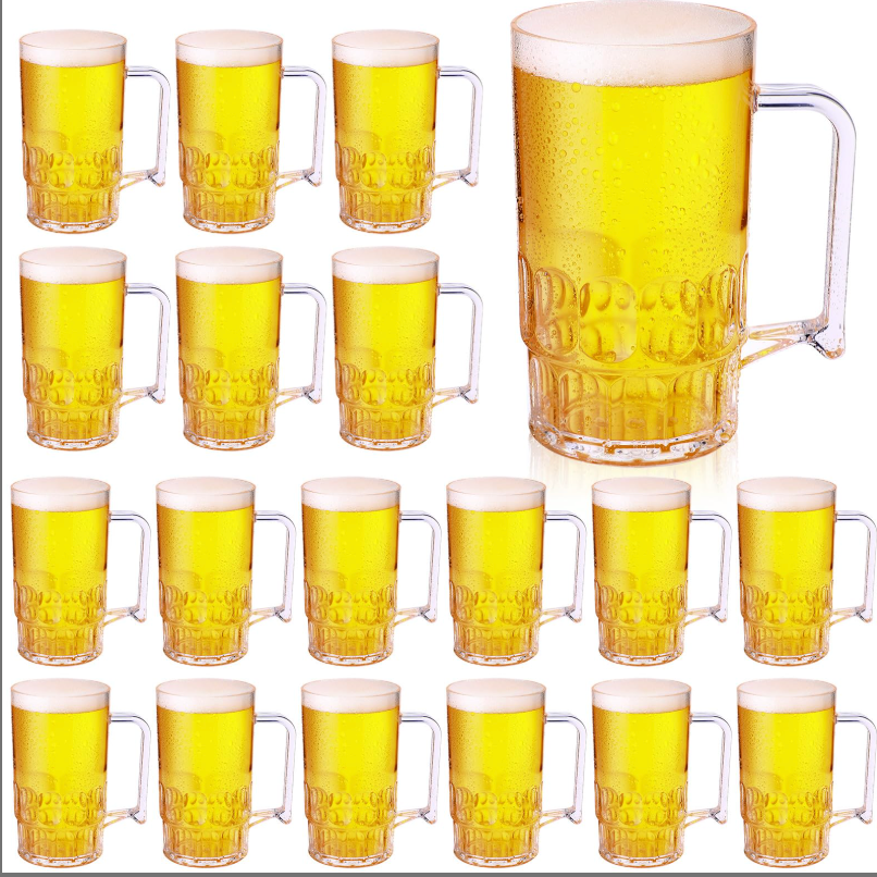 SiliFine Clear Plastic Beer Stein Mug with Handle Shatter Resistant Large Dimpled Beer Drinking Cup Bulk for Juice Coffee Tea Fest Cocktail Picnic Everyday Drinking Party (18 Pcs,12 oz)