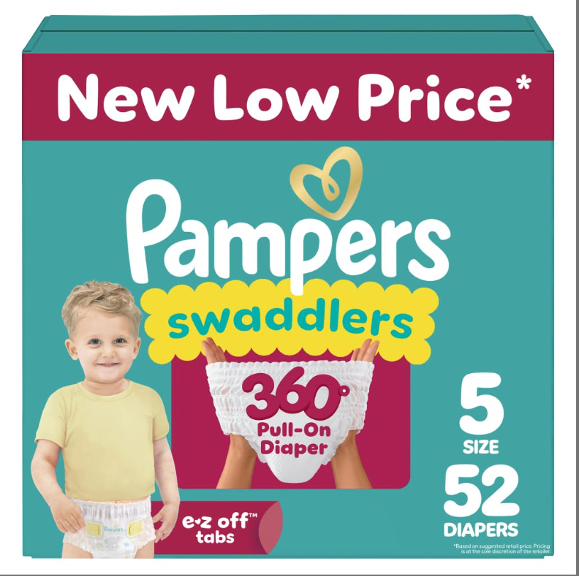 Pampers Diapers - Swaddlers 360° - Size 5, 52 Count, up to 100% Leakproof Comfy Dry Fit, Designed for Easy Changes, Pull On Baby Diaper (Packaging May Vary)