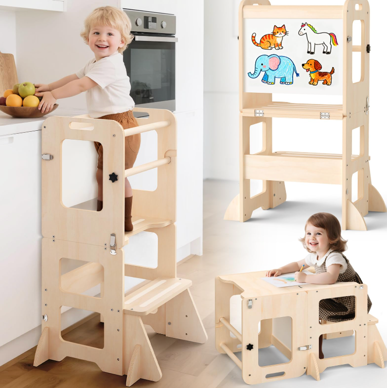 Woodure 4-in-1 Toddler Kitchen Step Stool, Foldable Learning Standing Tower with Whiteboard, Wooden Kitchen Stool Helper for Kids, 1-3 Year Old Boy Girl Gifts
