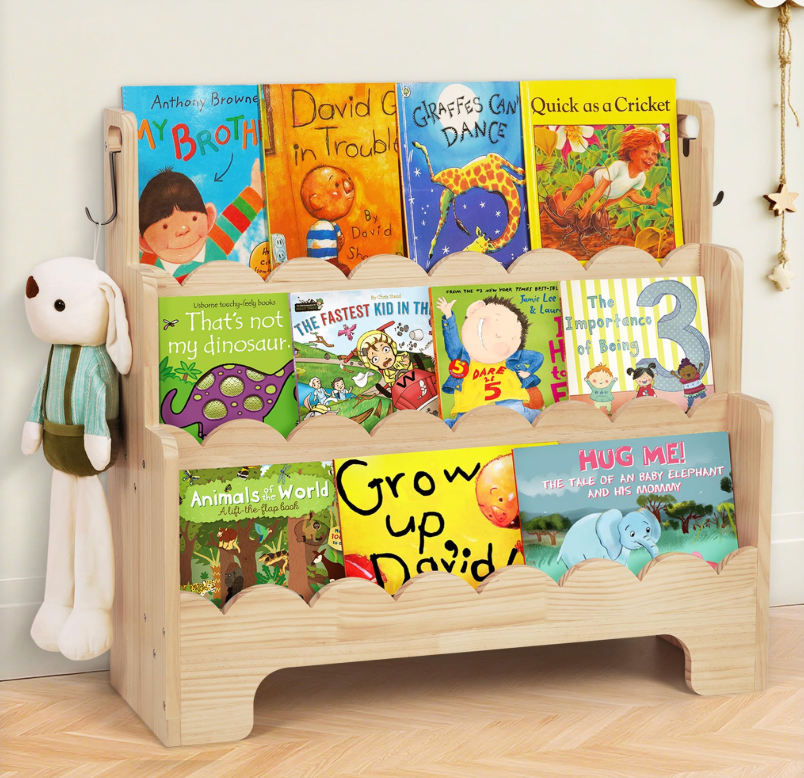 Tohiasen Kids Bookshelf Wooden 3-Tier, Scalloped Book Shelf for Kids Rooms, Front Facing Toddler Montessori Bookshelf, Baby Nursery Book Shelves Kid Classroom Book Shelf Bookcase