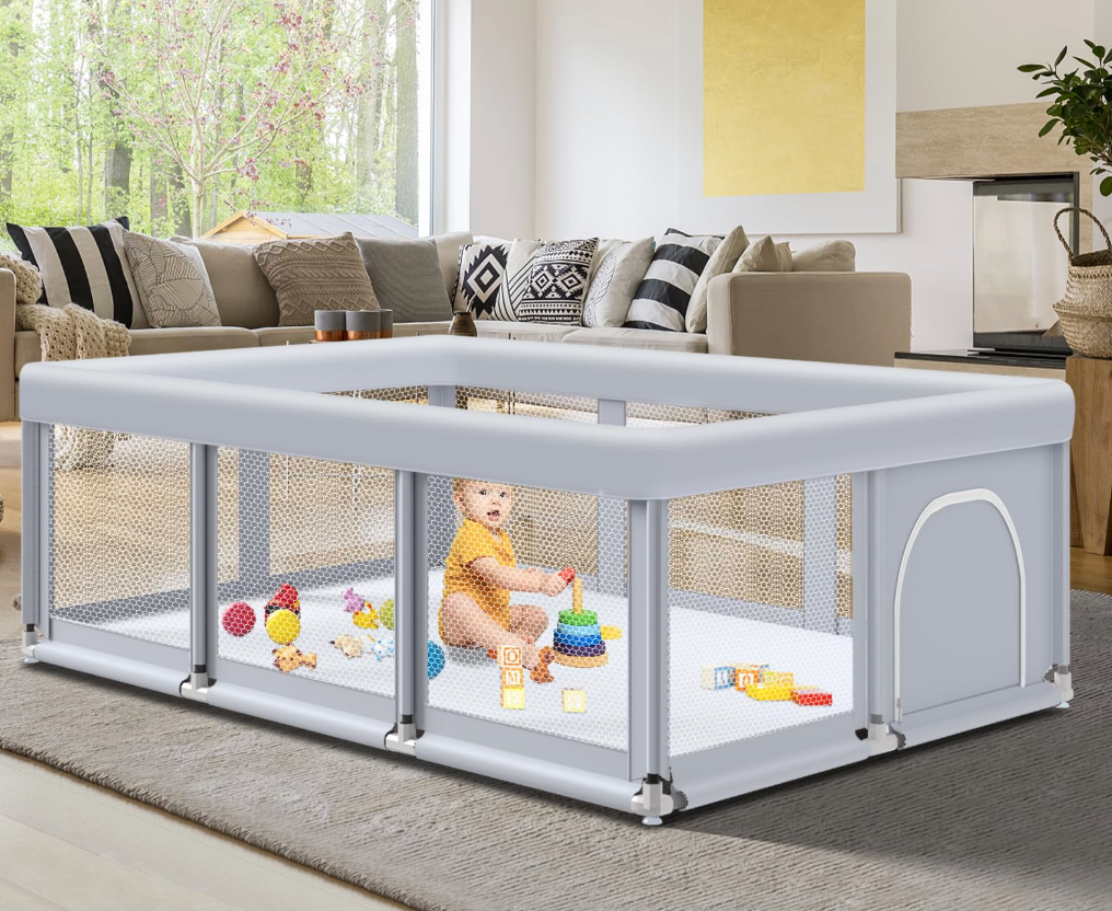 Fshibila 74" ×50" Large Baby Playpen, Baby Playard for Babies and Toddlers, Baby Fence Play Pens for Indoor & Outdoor, Sturdy Safety Play Yard with Soft Breathable Mesh, Anti-Fall, Grey
