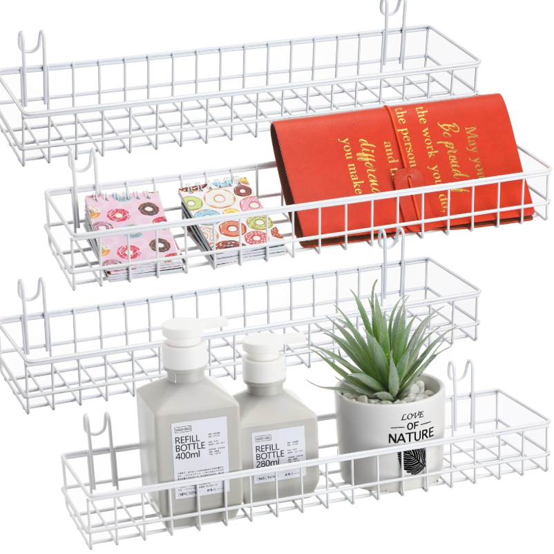 Blulu 4 Pcs 15.75 x 3.94 x 1.97 Inch Metal Grid Wall Baskets with Hooks Grid Wall Shelves Hanging Wire Basket Multi Function Storage Organizer for Kitchen Organizing Display (White)
