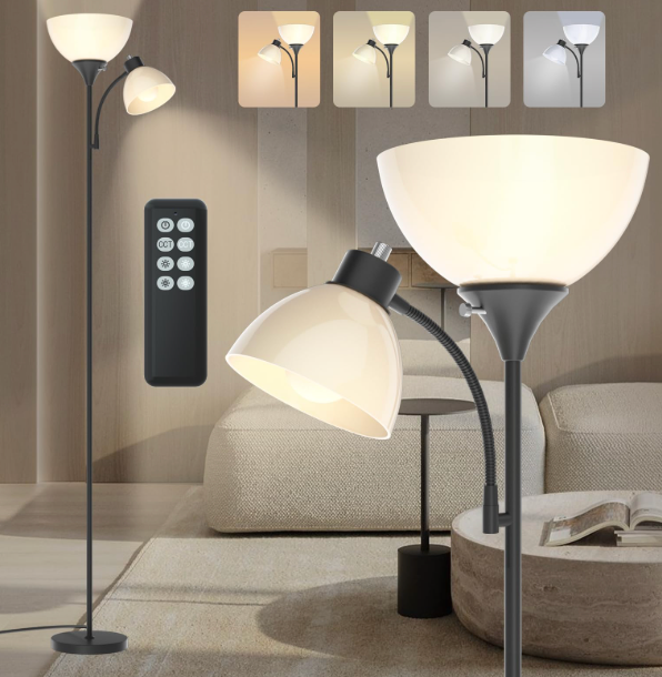 GERGO Led Floor Lamp, Super Bright 11W+7W 2100LM Torchiere Floor Lamps for Living Room, Stepless Adjustable 4 Color Temperatures 3000K-6000K with Remote Control for Bedroom (Matte Black