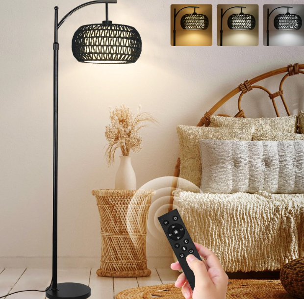 ZECOXOL Arc Floor Lamp with 3 Color Temperatures,Black Floor Lamp with Remote Control, Boho Standing Lamp with Rattan Wicker Shades, Farmhouse Tall Pole Lamp for Living Room Bedroom