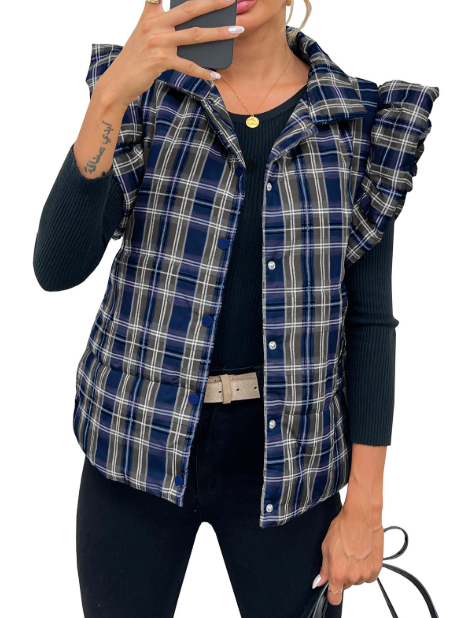 Tankaneo Womens Plaid Puffer Vests Ruffle Sleeveless Lightweight Quilted Vest Fall Winter Padded Gilets Coats
