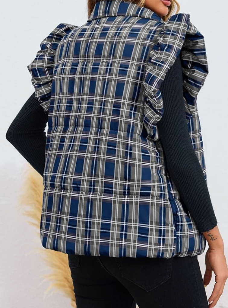 Tankaneo Womens Plaid Puffer Vests Ruffle Sleeveless Lightweight Quilted Vest Fall Winter Padded Gilets Coats
