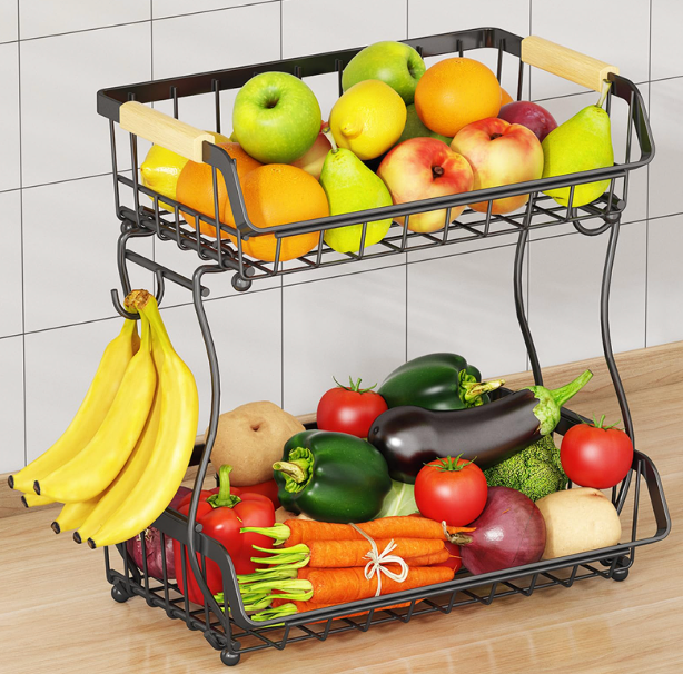 2 Tier Fruit Basket with 2 Banana Hangers, Detachable Countertop Fruit Bowls for Kitchen Counter, Metal Wire Fruit Vegetable Storage Holder Stand with Wooden Handles for Bread, Snacks, Veggies