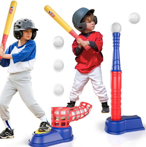 WATUDOU 2 in1 Tee Ball Set Outdoor Toys for Kids Boys 3-5 5-8, Includes 10 Balls, Auto T Ball Launcher, Outdoor Outside Sport Game Toys Birthday Gifts for 3 4 5 6 Year Old Boys Kids Toddlers