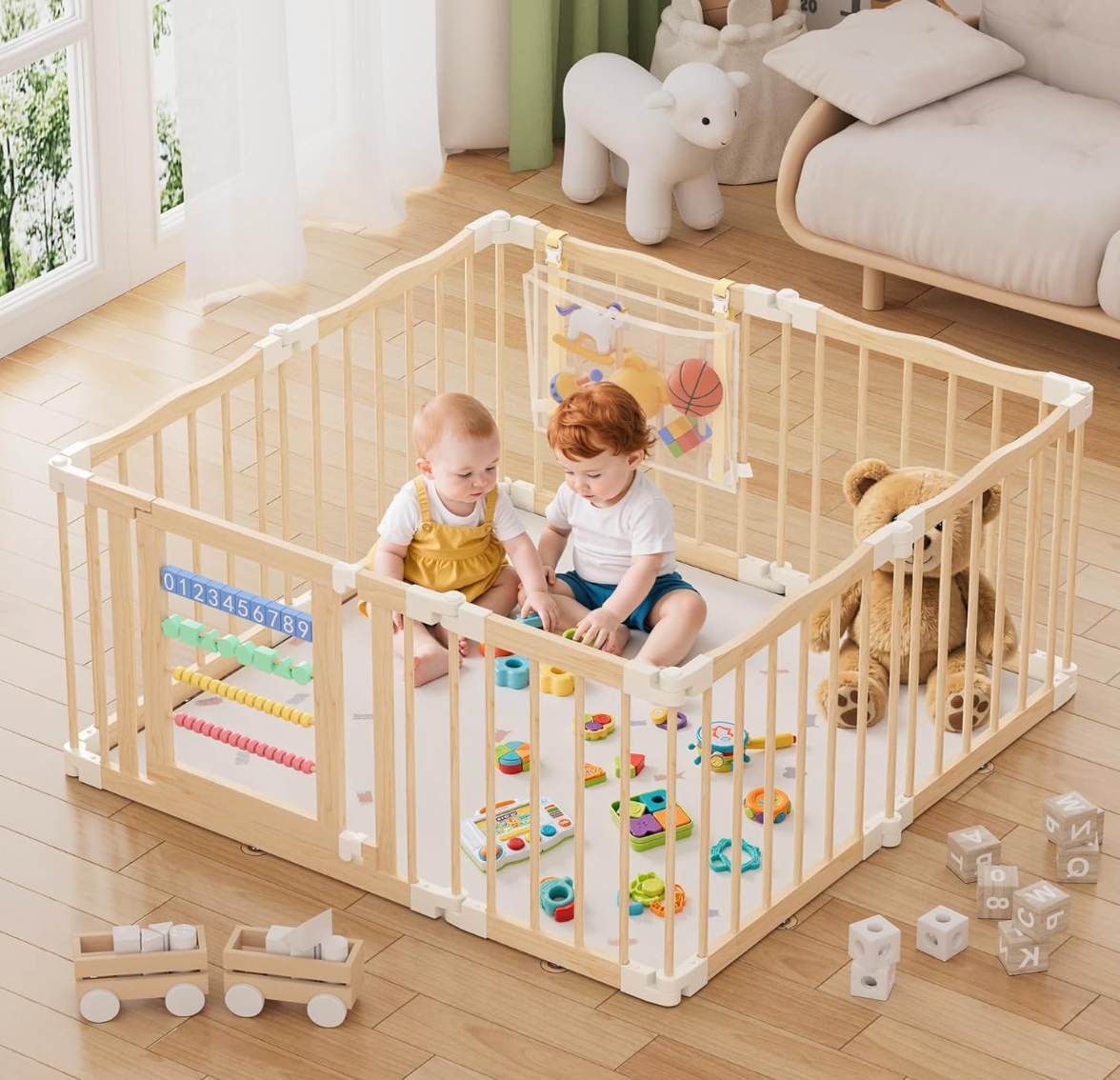 Atoping Wooden Baby Playpen 50 × 50 Inches, Foldable Playpen Fence with Cute Digital Blocks & Storage Bag, Wooden Baby Gate, Multi-Shape Play Yard for Babies and Toddlers Indoor Outdoor