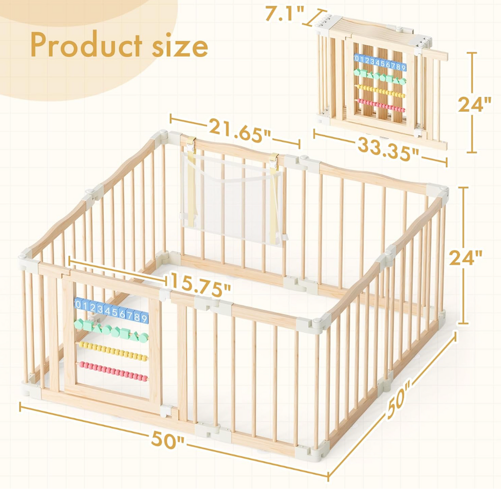 Atoping Wooden Baby Playpen 50 × 50 Inches, Foldable Playpen Fence with Cute Digital Blocks & Storage Bag, Wooden Baby Gate, Multi-Shape Play Yard for Babies and Toddlers Indoor Outdoor