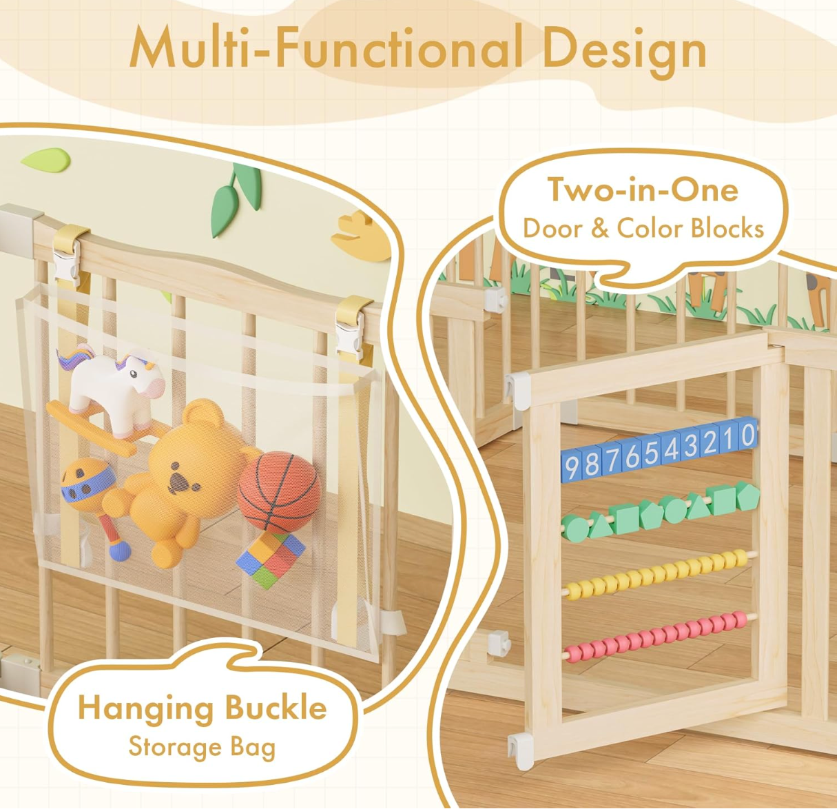 Atoping Wooden Baby Playpen 50 × 50 Inches, Foldable Playpen Fence with Cute Digital Blocks & Storage Bag, Wooden Baby Gate, Multi-Shape Play Yard for Babies and Toddlers Indoor Outdoor